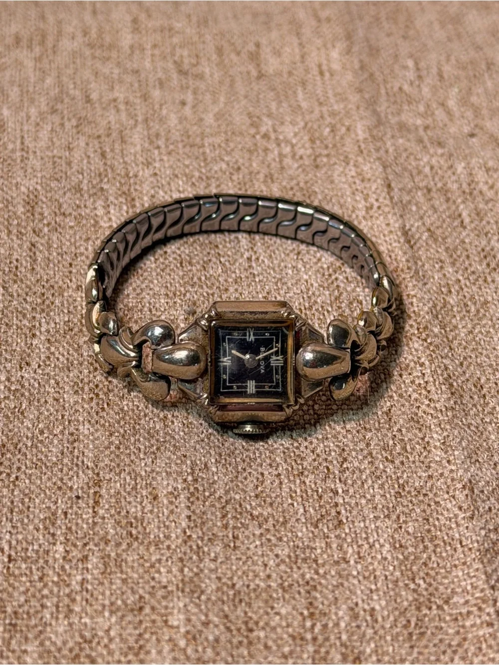 Vintage Bulova Ladies Mechanical Watch 10K Gold Filled Black Dial Art Deco
